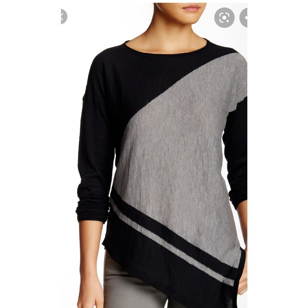 360 Sweater Womens Small Asmetrical 100% Cotton Black Colorblock Lightweight E12